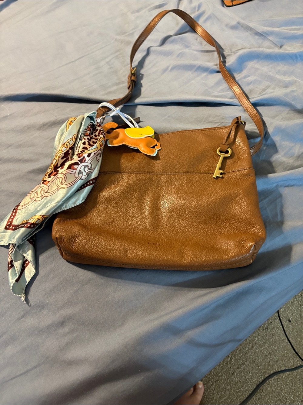 Leather Shoulder Bag in Cognac Brown with Scarf Accent and purse charm by Fossil